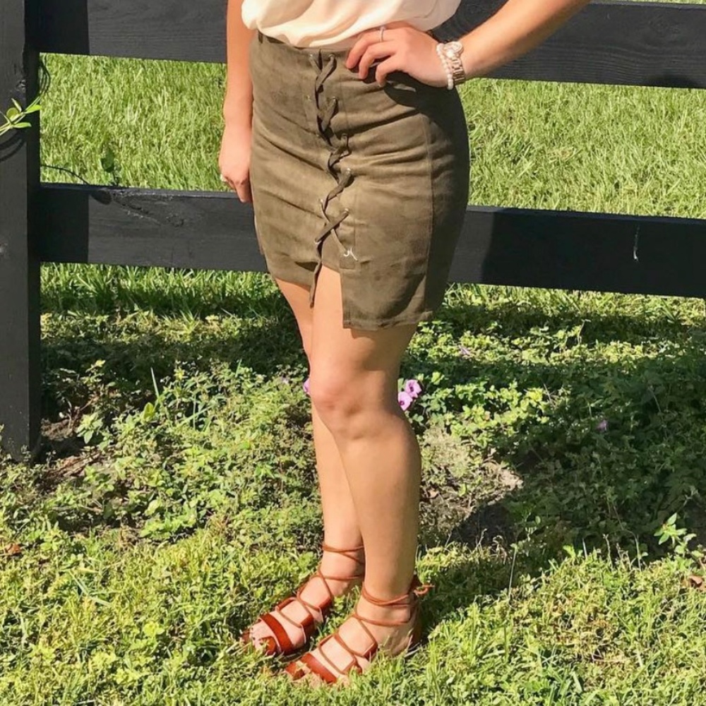 Brand New Olive Polyester Skirt w Side Lace Detail